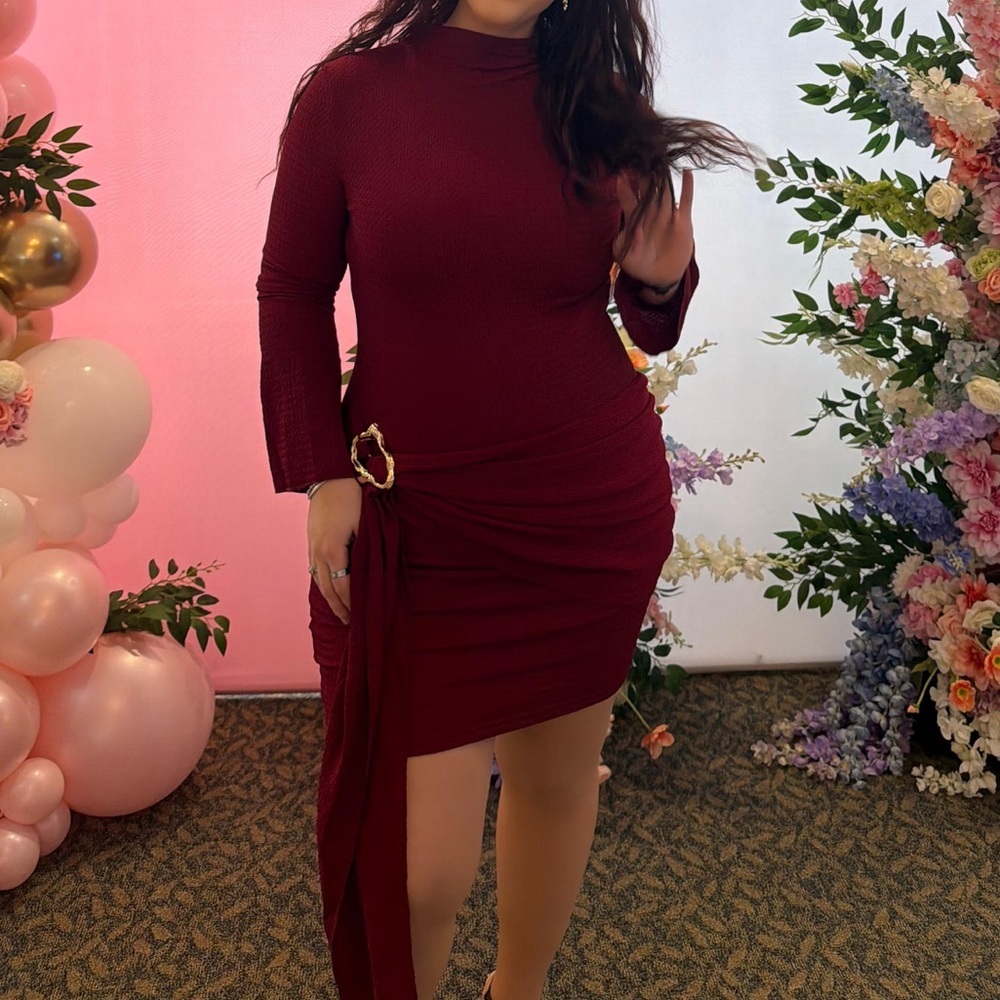 Burgundy Mock Neck Mini Dress with Decorative Buckle Worn Once - Picture 3 of 4